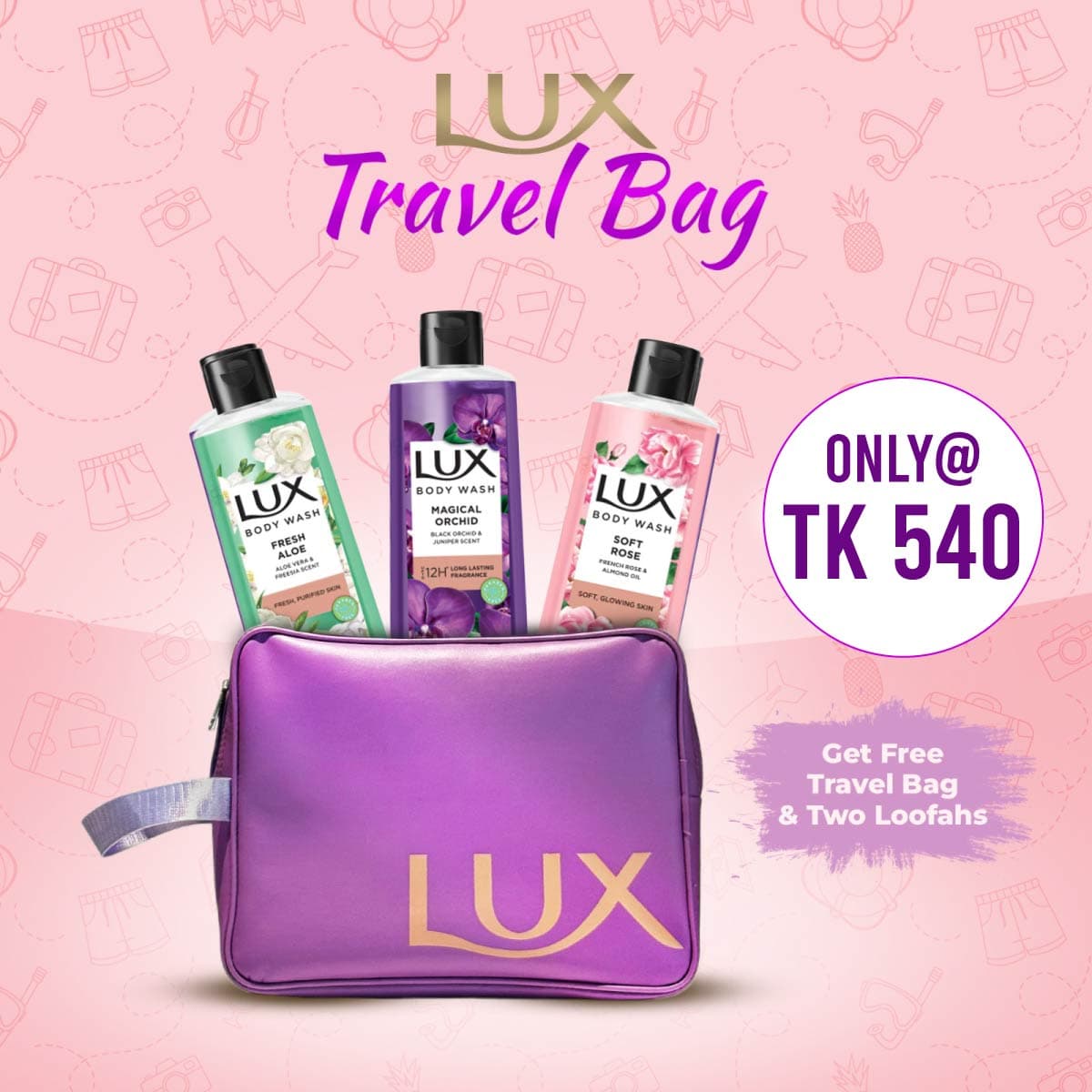Buy 3 Lux Body Wash & Get Luxury Travel Pouch FREE (Magical Orchid + French Rose & Almond + Freesia Scent & Aloe Vera)