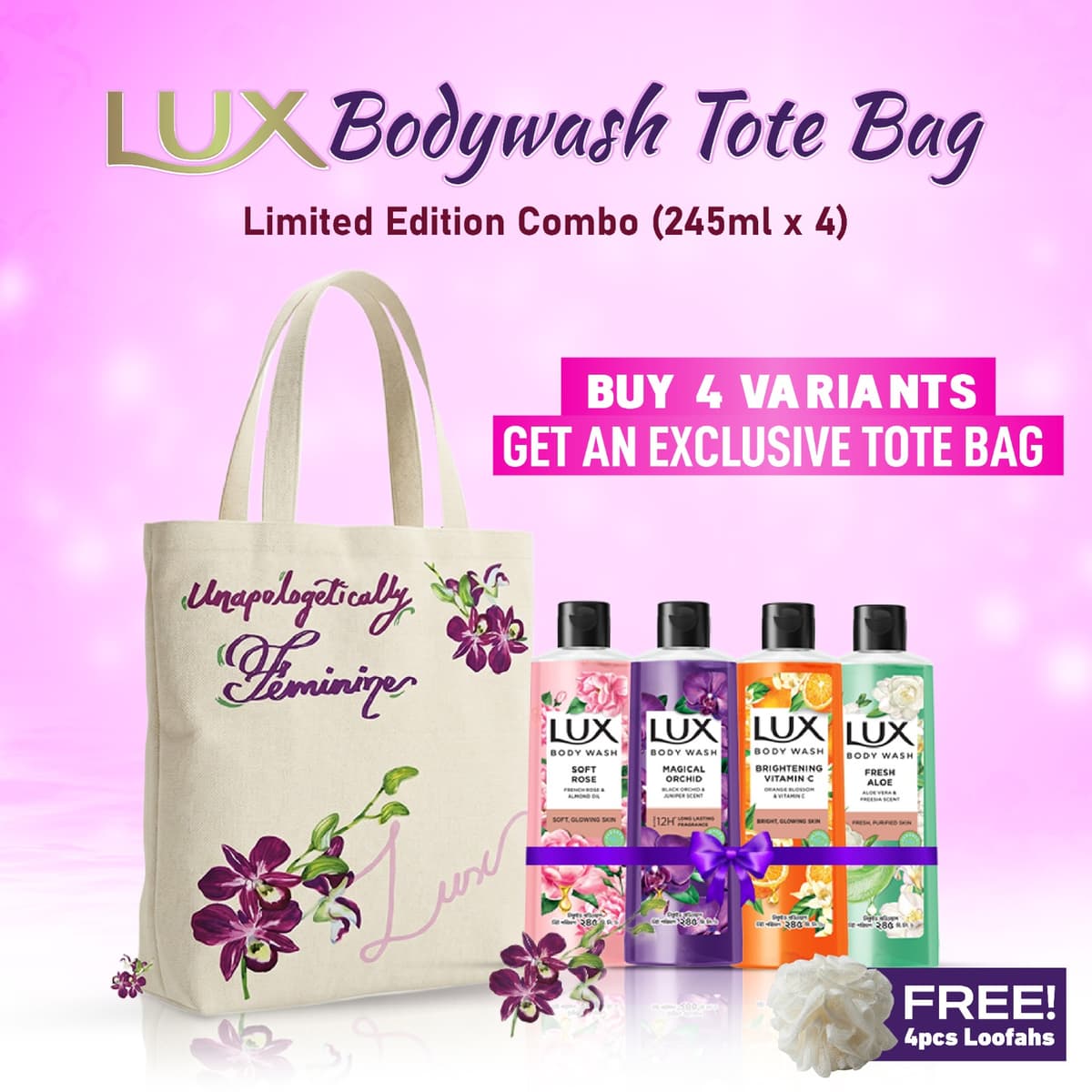 Buy 4 Variants of Lux Body Wash (245ml Each) & Get An Exclusive Tote Bag