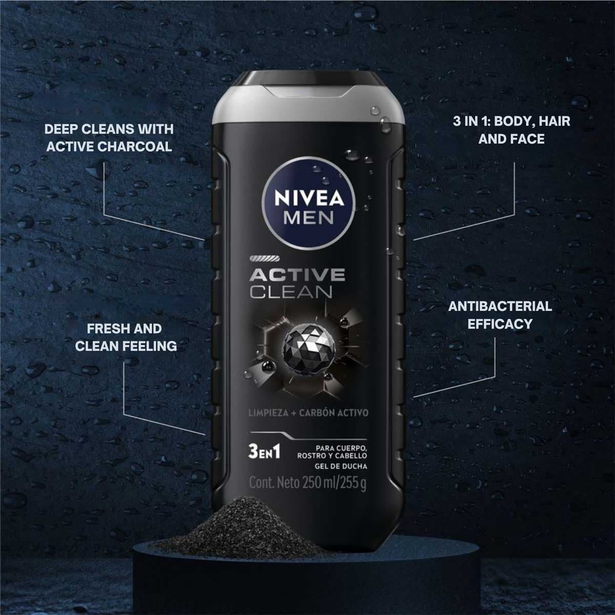 Nivea Men Active Clean 3in1 Body, Face & Hair Shower Gel